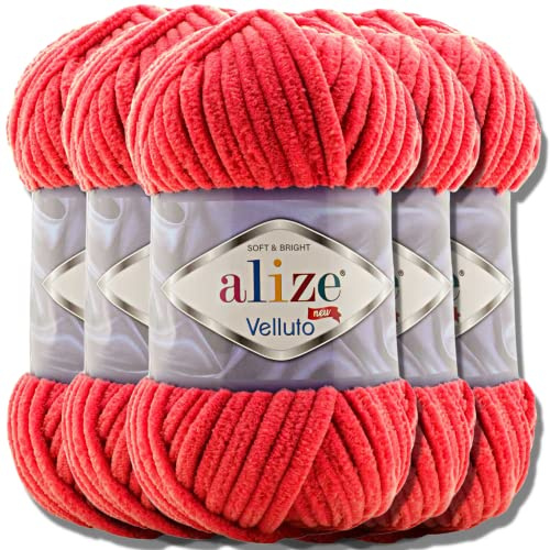 Hobby YARN 3x Etikettenlabel mit Alize Velluto Wolle Premium 5x100g als Set, Chenille Dicke Wolle zum Häkeln Uni Farbe Bulky Amigurumi Kuschelwolle Filzwolle (Red | 56)