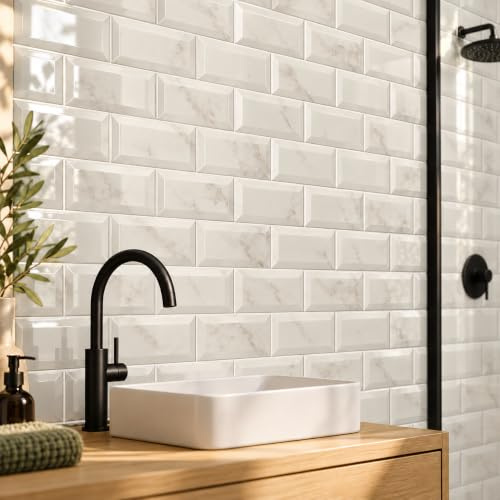 Metro Beige Marble Ceramic Wall Bathroom Tile Subway Brick Effect 100mm x 200mm Bevelled Edge Kitchen Tiles Gloss Finish 1m2 Box of 50
