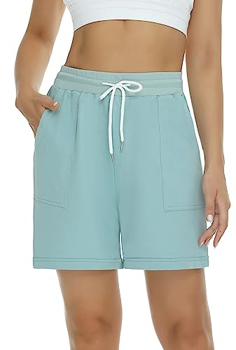 Sportshorts för dam bomull korta byxor med fickor hög midja, andas, mjuka shorts med elastisk dragsko bermuda för yoga, fitness, joggingsemester, Turkosgrön, S