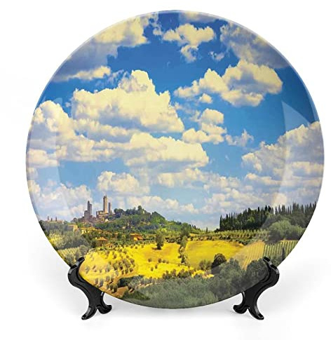 XISUNYA 6 Inch Decorative Plate, Tuscan Tableware Plate, Old Italian Village Scenery with Meadows Clouds Print Ceramic Wall Hanging for Home & Office Wall Hanging Decor, Green Blue White