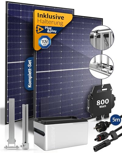 Balkonkraftwerk mit Speicher Komplettset 850 Watt mit Solarspeicher und Halterung, Upgradebarer Wechselrichter (Balkon-Halterung)
