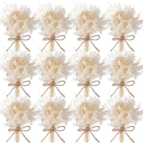 Yinkin 12 Pcs Mini Dried Flower Bouquet for Boho Floral Wedding 6'' Small Dry Pampas Grass Handmade Tiny Dried Flower for Crafts DIY Boutonniere Table Centerpieces Bridesmaid Gift Box(White,Classic)