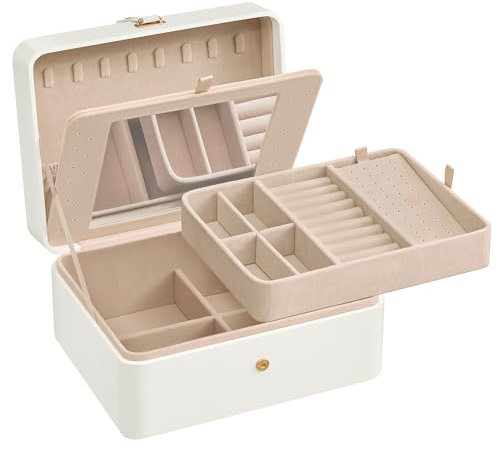 SONGMICS Jewellery Box Organiser with Mirror, 2-Layer Jewellery Storage Case, Removable Tray, 17.6 x 22 x 11 cm, Earring Necklace Storage, Gift Idea, Cloud White JBC200W01