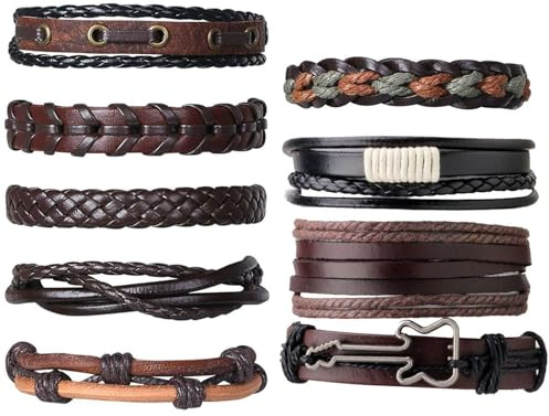 YSJCHEBS Juego De Pulseras De Cuero De 9 Piezas, Pulsera De Cuero Unisex, Marrón, Moderno, Ajustable, Cierre De Pinza De Langosta