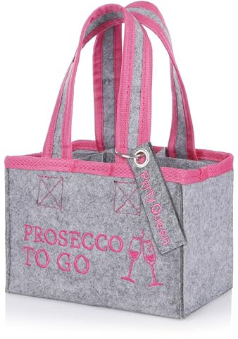 FunX Flaschentasche Prosecco to go - Filztasche für 6 Flaschen - Grau mit Trageschlaufen und Aufdruck - Vielseitig einsetzbar - 19x12x14 cm (Getränketasche mit Anhänger)
