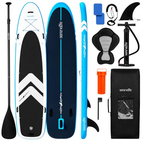 SereneLife Paddle Gonflable Adulte XL 370 cm – Stand Up Paddle Familial Stable pour 2 Adultes et 1 Enfant, Capacité 205 kg, Siège Inclus, Tapis EVA Antidérapant et Kit Complet
