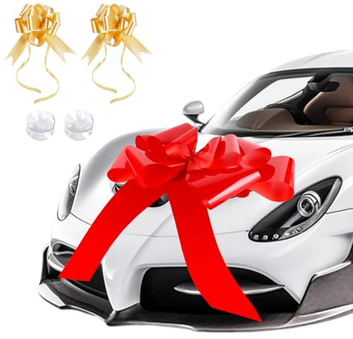 Lazo Grande para Regalo Coche 23 Inch Lazo Gigante Rojo para Decoracion Coche de Boda, Cumpleaños y Envoltorio de Regalo, Navidad y Fiesta, Nuevo Hogar + 2 Lazos de Cinta Dorado Pequeños y 2 Ventosas