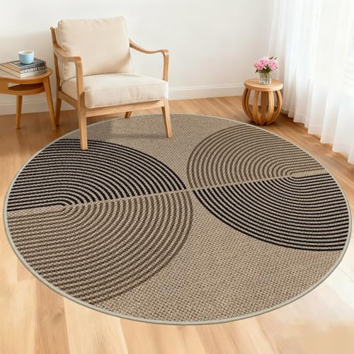 Capslpad Teppich Rund 160cm, Jute Aussehen Teppich Rund Wohnzimmer, Waschbar rutschfest Natürlich Outdoor Teppich für Wohnzimmer, Schlafzimmer, Balkon, Büro Bereich, Schwarz Braun