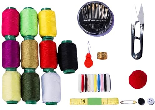 Sacolin 10-Color Sewing Kit, Portable Travel Kit with Clear Storage Box, Mini Scissors, Thimble, Polyester Thread Spools, Sewing Needles Set, for Home, Beginner Stitching