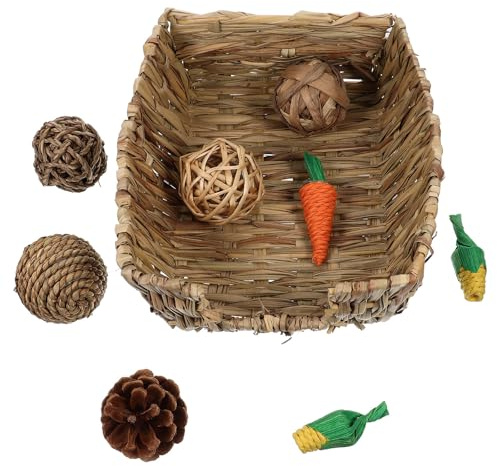 iplusmile Jouets à Mâcher Accessoires Solide pour Lapin Ensemble de 9 en Paille Naturelle Tissée, Lit en Herbe pour Protéger Meubles pour Rongeurs