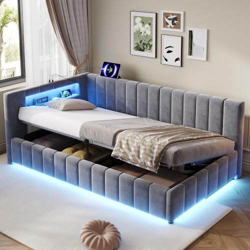 BTM 3ft Single Storage Bed with Smart RGB LED Lights and Charging Station Side Opening Ottoman Bed Frame Velvet Grey (No Mattress)