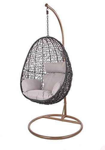 Kideo Swing Chair Indoor & Outdoor, Loungesessel Polyrattan, Hängestuhl, Hängesessel mit Gestell & Kissen (schwarz/grau)
