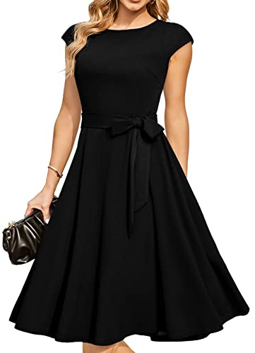 DRESSTELLS Coctail Dresses for Women 2026 Formal Wedding Guest Church Modest Funeral Fit Flare Black Tie Tea Party Vintage 1950s Dress Black S