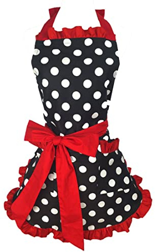 Hyzrz Cute Apron Retro Black Polka Dot Retro Ruffle Side Vintage Cooking Aprons with Pockets for Women Girls (Side Red)
