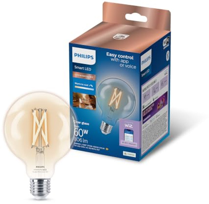 Philips Smart Lighting, LED Filament G95 Light Bulb, E27 Base | Tunable White Light 2700-6500 K, 806 Lm, Smart Bulb, Low Dimming, Bluetooth App Control, Decorative Design, Smart Home