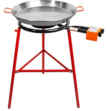 Machika Tabarca Paella Kit with 22-in 55-cm Carbon Steel Pan | 8-16 in Double Ring Paella Burner and Stand Set (33 in) | Perfect for Gastronomic Events, Caterings, Camping | 14 Servings |