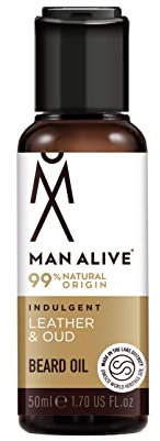 Beard Oil for men by Man Alive 99% Natural skincare 50ml with Oatmeal, Argan Oil, Jojoba Oil & Almond Oil, gifts for men softens facial hair mens gifts birthday gifts for him (Leather & Oud)