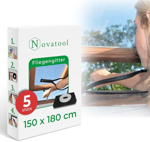 Novatool Fliegengitter Dachfenster ohne Bohren 180x150 anthrazit 5 Stück individuell kürzbar Insektenschutz Fliegennetz Fensternetz Mückennetz Mückengitter Fenstergaze