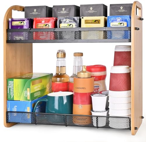 ITHSKUILL Tea Bag Organizer, Large Capacity Tea Organizer for Tea Bags, Bamboo Multi-functional Storage Coffee Bar Accessories for Home Office Kitchen Counter Cabinet Pantry Organizer