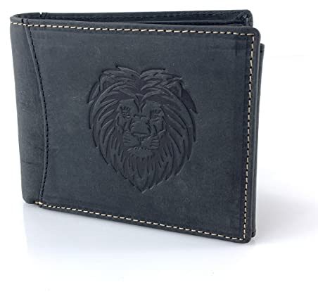 BUFFALO HILL Geldbörse I Löwe Motiv I Büffelleder Portmonee I Echtleder Geldbeutel I Querformat Portemonnaie Herren I RFID-Schutz I Ledergeldbörse mit Münzfach I 9 Kartenfächer I 2394 (Schwarz)