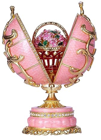danila-souvenirs Faberge stil Vårblommor ägg Speldosa Smyckeskrin med korg med blommor 16,5 cm rosa