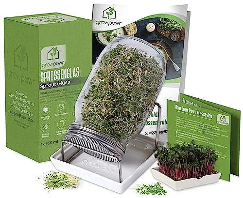 growpowr® → 1x Kresse Keimschale mit Kressesieb + 1x 950ml Keimglas mit Keramikschale - inkl.Sprossenguide (Anleitung,Tipps,Rezepte) (Starterpaket Premium)