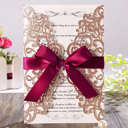 Hosmsua 50 tarjetas de invitación de boda con diseño de flores cortadas con láser de encaje con mariposa y sobres para cumpleaños, compromiso, cumpleaños, invitaciones de boda, impresión personalizada