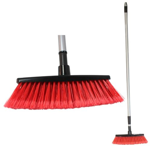 Keroppa, Pack Escoba Roja Multiusos + Palo Telescópico 1,1-2 m., Cepillo Universal, Cerdas Sintéticas, Limpieza del Hogar, Palo Extensible, Resistente, Medida Ajustable