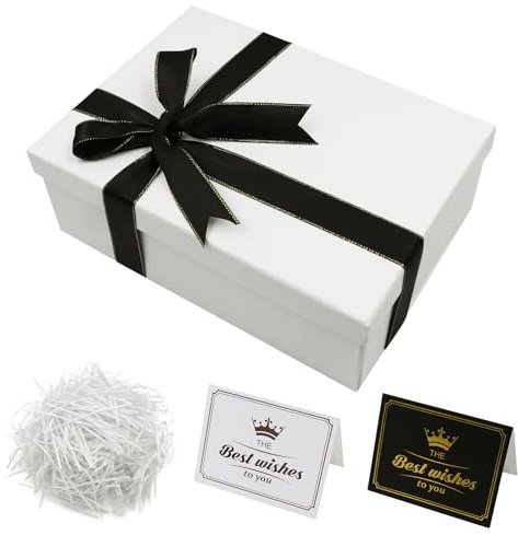Realjoy Boîte Cadeau Vide Pliable, 25 x 18 x 8,5cm Boite a Cadeau avec Couvercle,Boite Cadeau avec Noeud,Cartes de Vœux et Raphia pour Mariages,Anniversaires,Saint-Valentin et Noël（Blanc）