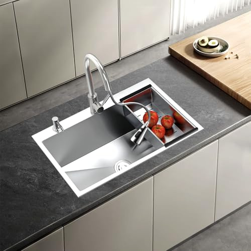 Lavello da Cucina 80x50cm, Lavandino da Cucina a 1 vasca + Sifone Classico + Scolapasta avvolgibile, Lavabo da Cucina Incasso al mobile da incasso e sottotop