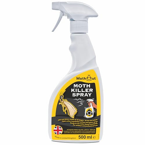 MothOut Clothes & Carpet Moth Killer Spray 500ml, Kills Moths all Species, Adults, Larvae & Pupae, Non-Staining, Low Odour - Moth Repellent for Carpets, Curtains, Hard Surfaces & Cushions + Moth eBook
