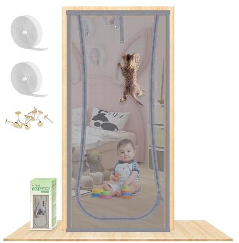 Puerta mosquitera para Gatos, 102X214CM Puerta mosquitera Resistente con Cremallera, Evita Que los Perros Gatos se escapen de casa, Dormitorio, Sala de Estar, Cocina Puerta de Patio (Gris)
