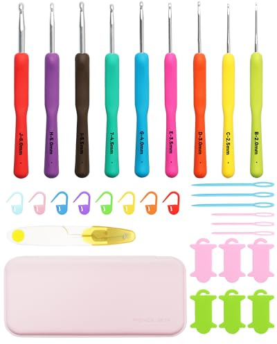 Set di uncinetti con scatola, 9 pezzi (2,0–6,0 mm) – Uncinetti ergonomici con impugnatura morbida, accessori per uncinetto per principianti e hobbisti