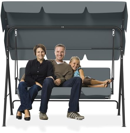 PEILU 176x110x152cm columpio Hollywood de jardín con toldo y cojín de asiento y marco de acero, banco balancín de jardín de 3 plazas, capacidad de carga hasta 200KG, banco balancín tumbona de jardín