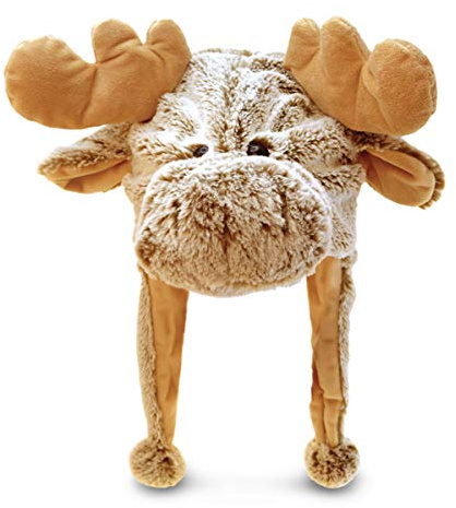 Puzzled DolliBu Brown Moose Plush Beanie – Moose Stuffed Animal Winter Fleece Cap with Ear Flaps, Warm Fluffy Novelty Beanie for Adults & Kids, One Size