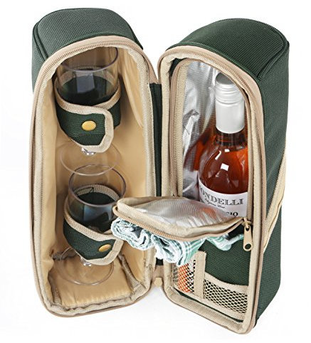 Greenfield Collection 2 Person Deluxe Insulated Wine Cooler Bag for Picnic, Camping and Beach with 2x Polycarbonate Wine Glasses in Forest Green