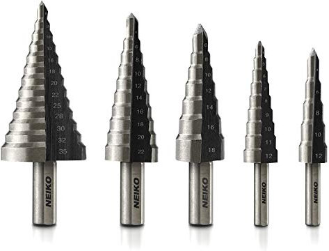NEIKO 10198A Step Drill Bit Set | 5 Piece, 4mm- 35mm | Metric Titanium High Speed Steel Unibit, Stepper Cone Drill Bit | Two Flute Step Down Bits, 135 Degree Point