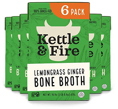 Kettle and Fire Lemongrass Ginger Beef Bone Broth, Keto, Paleo, and Whole 30 Approved, Gluten Free, High in Protein and Collagen, 6 Pack