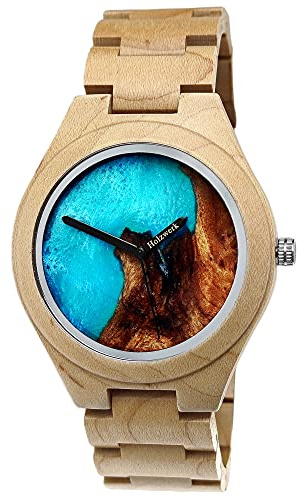 Handgjorda träverk, Tyskland® designer, herrklocka, epoxiharts, epoxiharts, natur, träklocka, armbandsklocka analog klassisk kvartsklocka, Bbrun, lönn, blå med epoxiharts, urtavla