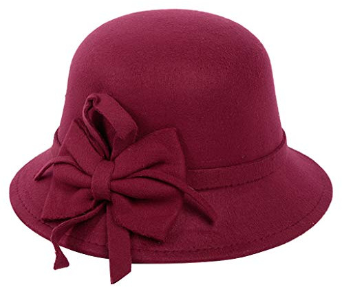 Chapeau cloche des années 1920 pour femme avec nœud en faux feutre vintage chapeau d'église élégant floppy écrasable chapeau melon classique chapeaux de fête, Vin, taille unique