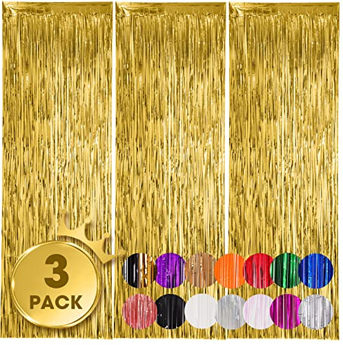 Voircoloria Gold Foil Fringe Backdrop Curtains, 3.3x8.2ft, 3 Pack