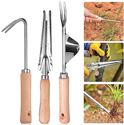 BNGXR Extractor de Malas Hierbas, 3 Piezas Extractor de Maleza de Acero Inoxidable, Escardador con Mango de Madera, para Cavar Deshierbar Aflojar