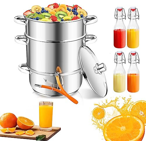 Herrselsam 16L Dampfentsafter, Edelstahl Entsafter Saftpresse mit 4 Bügelflasche, Ø 26cm Schonendes Entsaften von Obst und Gemüse, für alle Herdarten geeignet