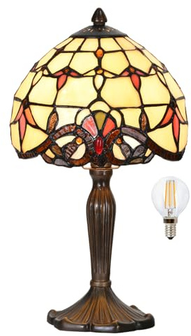 HomeBeauty TL0007 Tiffany Lamp Baroque Design Stained Glass Table Lamp 8 D x 14.25 H for Living Room Bedroom Bedside Nightstand Home Office, LED Bulb Included (Beige Baroque)