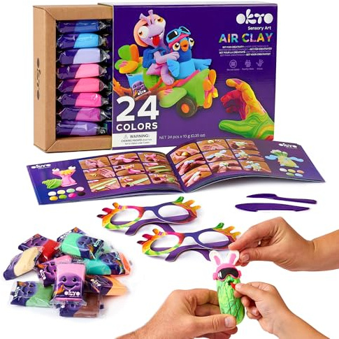 Okto Air Dry Clay Craft Set for Kids | 24 Pack Colourful Air Clay Modelling Kit with Tools, Glasses, Storage Bags & Guide | Non-Sticky Children's Sensory Art Clay for Ages 5+ | Fun Creative DIY Crafts