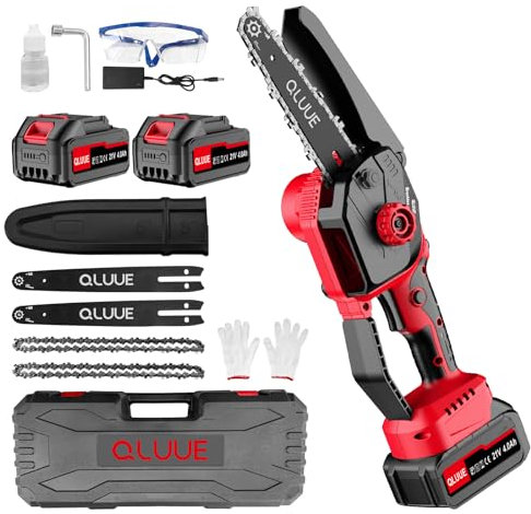 Mini Motosierra a Batería,QLUUE de 6 Pulgadas con Motor de 1150 W, Bloqueo de Seguridad y Múltiples Accesorios. Motosierra Portátil ideal Para Jardinería, Corte de Ramas y Madera