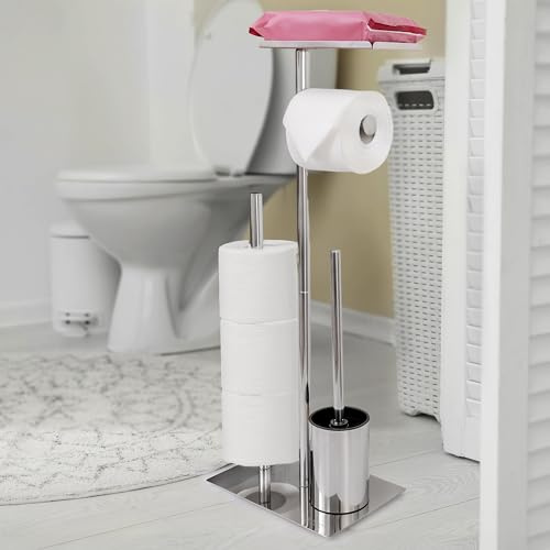 Truserv Free Standing Toilet Roll Holder with Toilet Brush and Wipes or Phone Shelf (Stainless Steel)