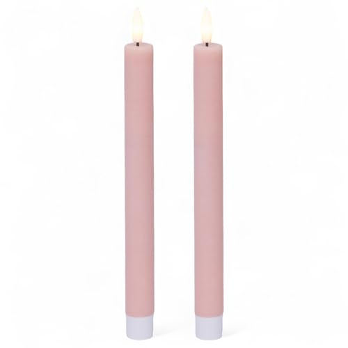 MIJOMA LED-äkta vaxljus med realistisk låga, timer och batteridrivet | Inomhus LED-ljus med varmt vitt ljus | naturligt utseende (rosa – vertikalt spårmönster, Ø 2 cm x 24 cm)