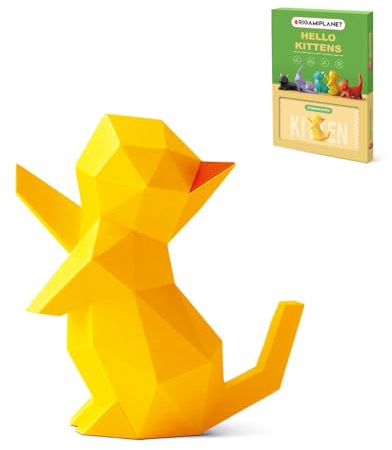 ORIGAMIPLANET 3D Origami Paper Craft Kit, Starpaw Kitten Cute DIY Pre-Cut Animal Papercraft Model for Beginners, Fun Handmade Home Decoration Gift for Adults & Teens-Yellow