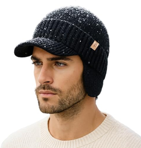 TOP-EX Große Herren und Damen Merino Wollmütze mit Schirm, Ohrenklappen und Fleece, wasserdicht und Winddicht, ideal für Outdoor-Sport, L/XL Schwarz